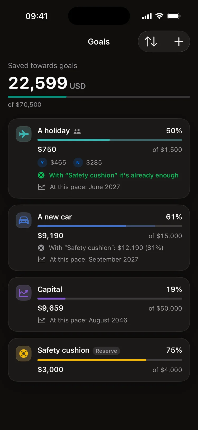 Goals live on savings, not on your card