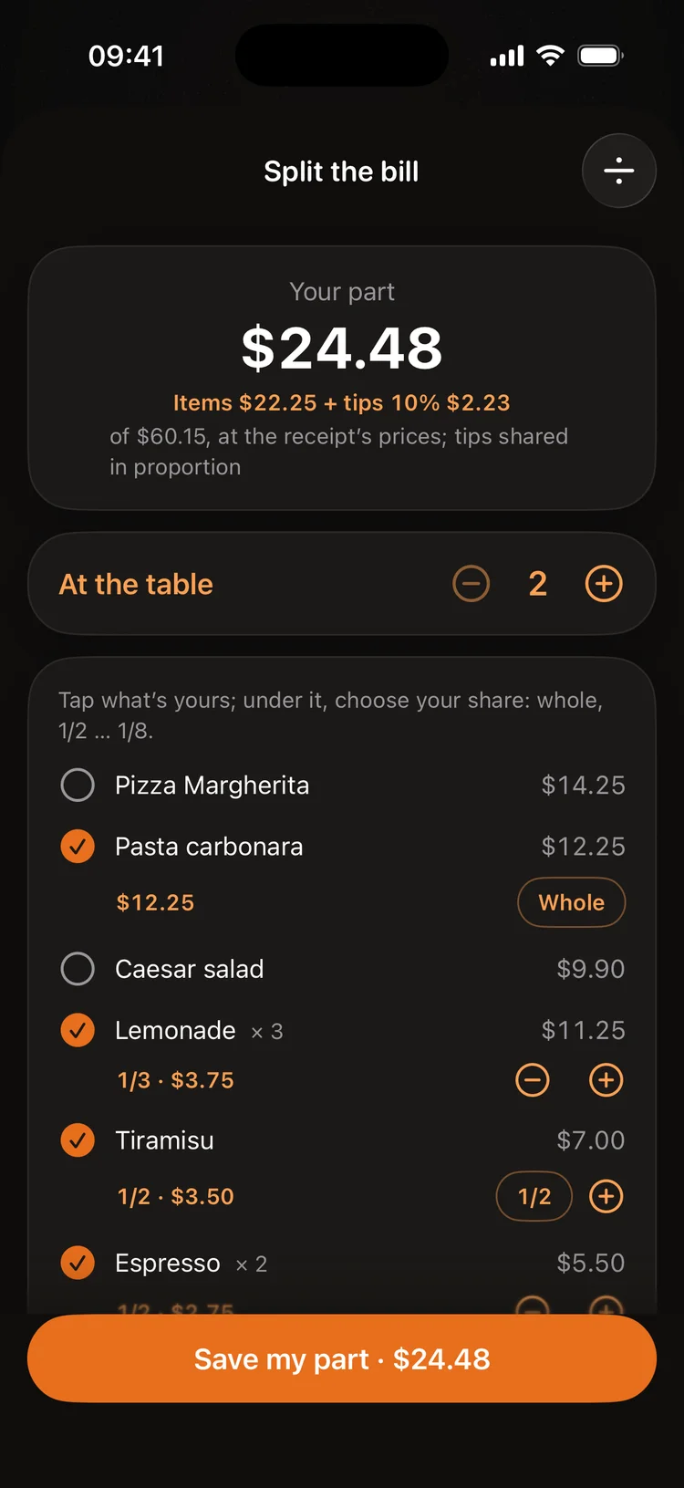 Receipts and splitting a bill